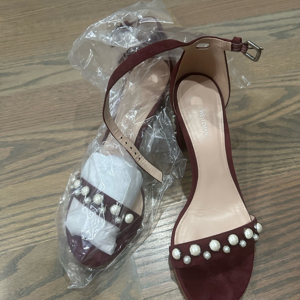 Stuart Weitzman Burgundy Heels with Pearl Details